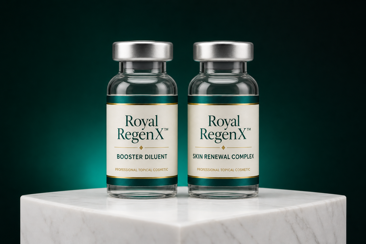 Royal RegenX™ Skin Renewal Complex and Booster Diluent glass vials with cream and emerald labels on a marble plinth