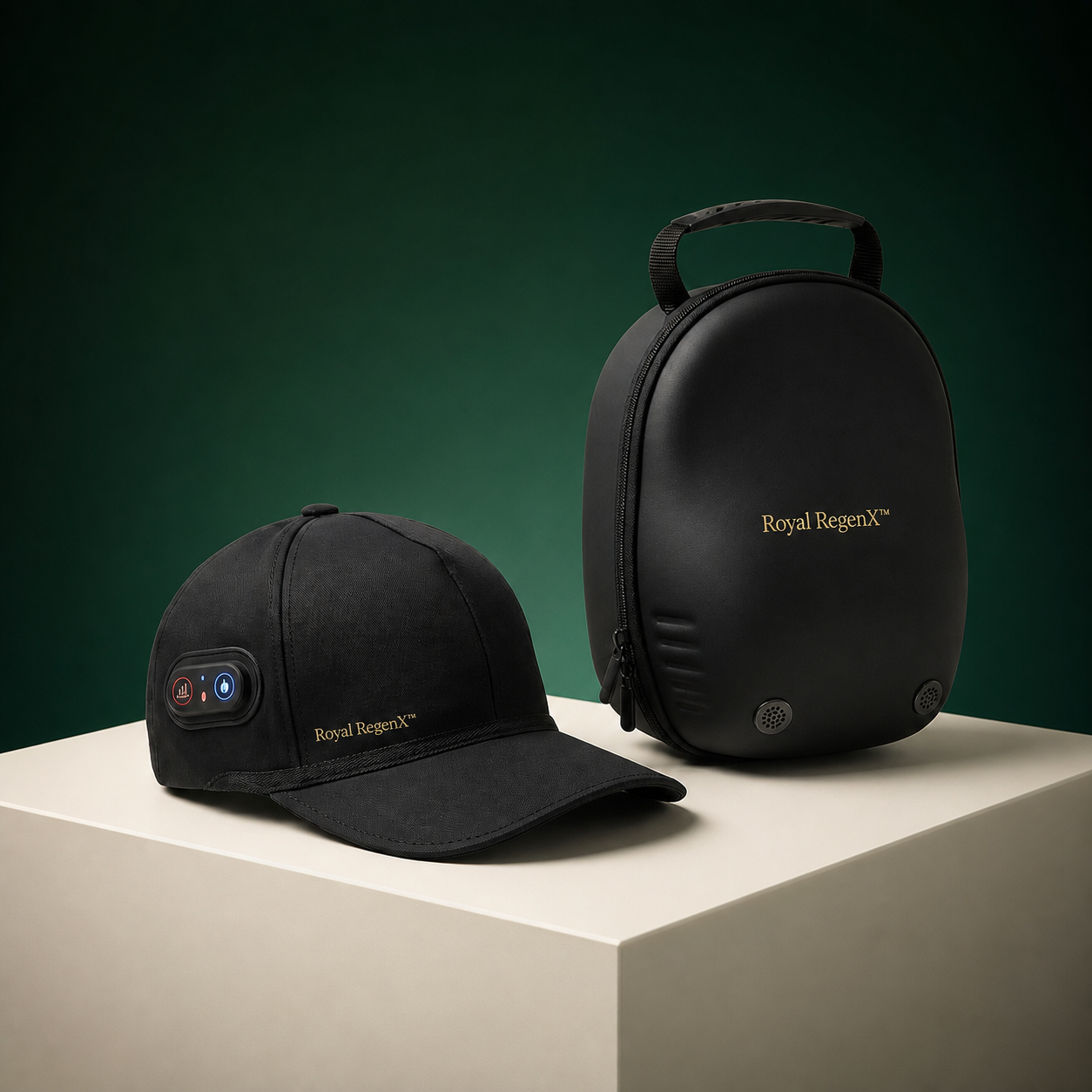 Royal RegenX™ CrownLight Pro LED Hair Cap in black with gold wordmark, shown beside its hard travel case
