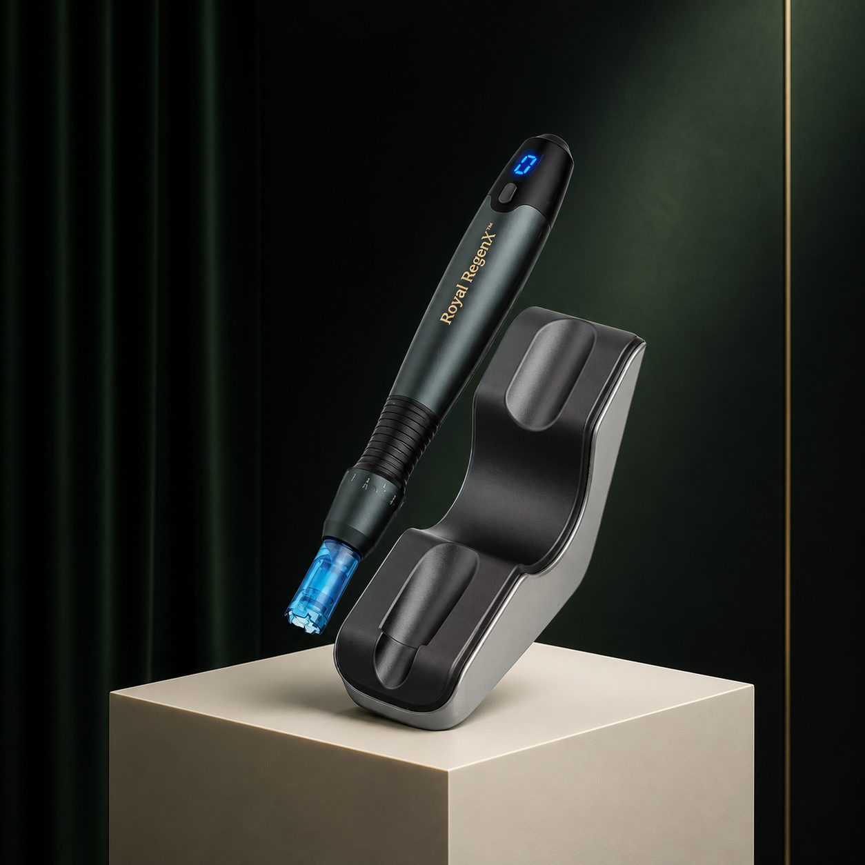 Royal RegenX™ Nano Precision Pen in graphite with gold wordmark and a blue cartridge tip, resting on its charging stand
