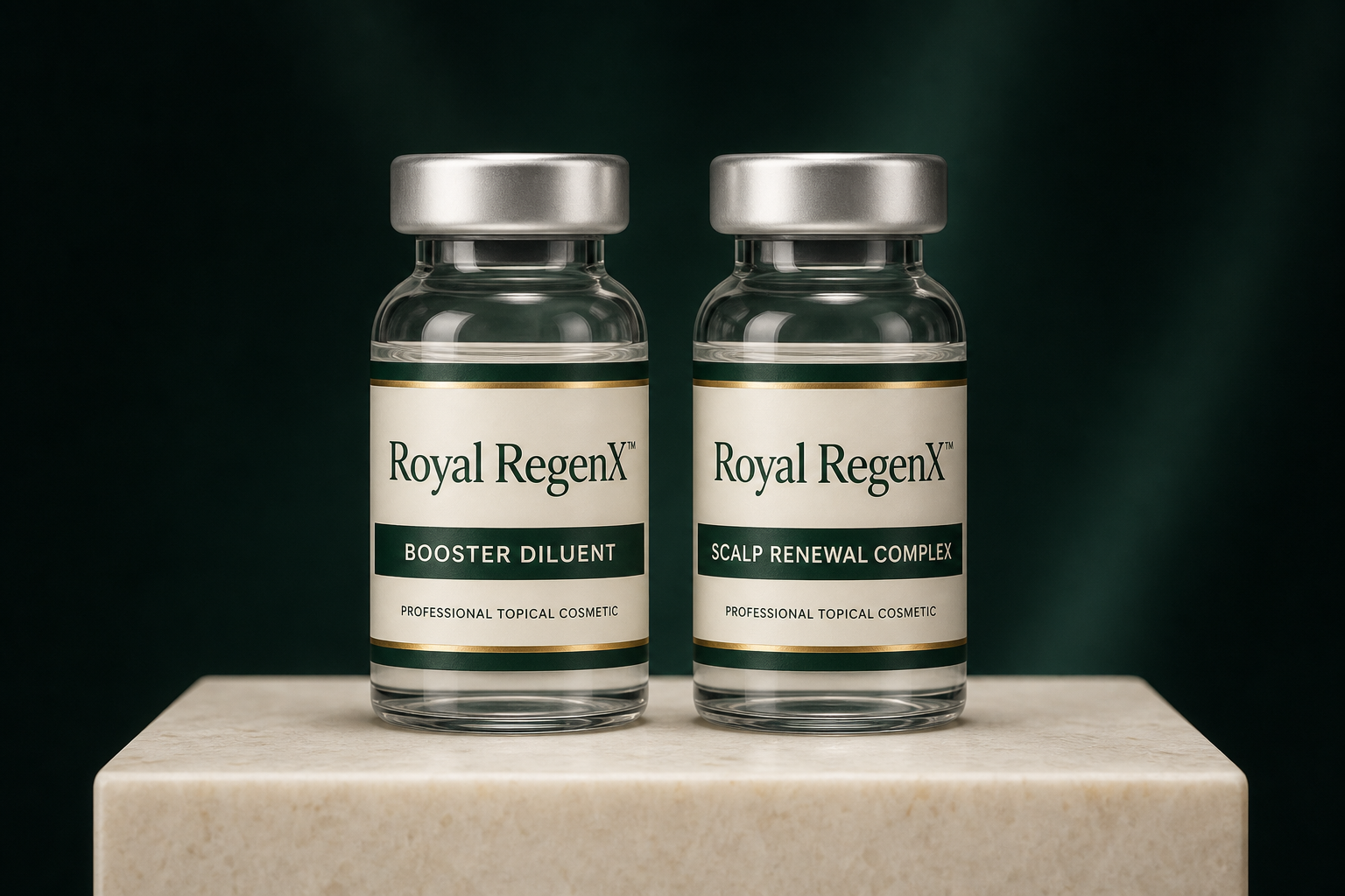 Royal RegenX™ Scalp Renewal Complex and Booster Diluent glass vials with cream and emerald labels on a stone plinth